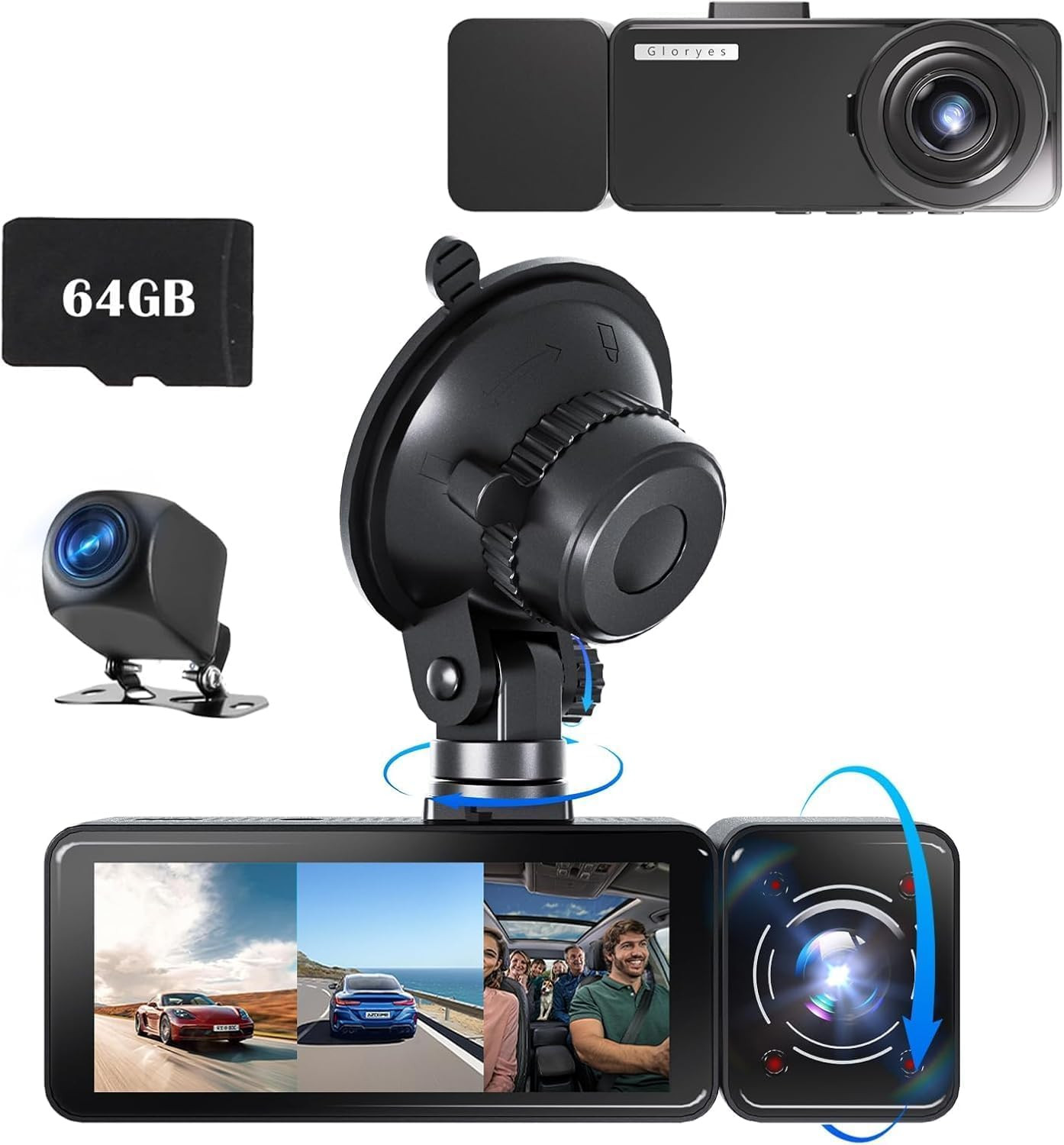 3 Channel Dash Cam Front and Rear Inside, Free 64G SD Card, Triple Dash Camera f