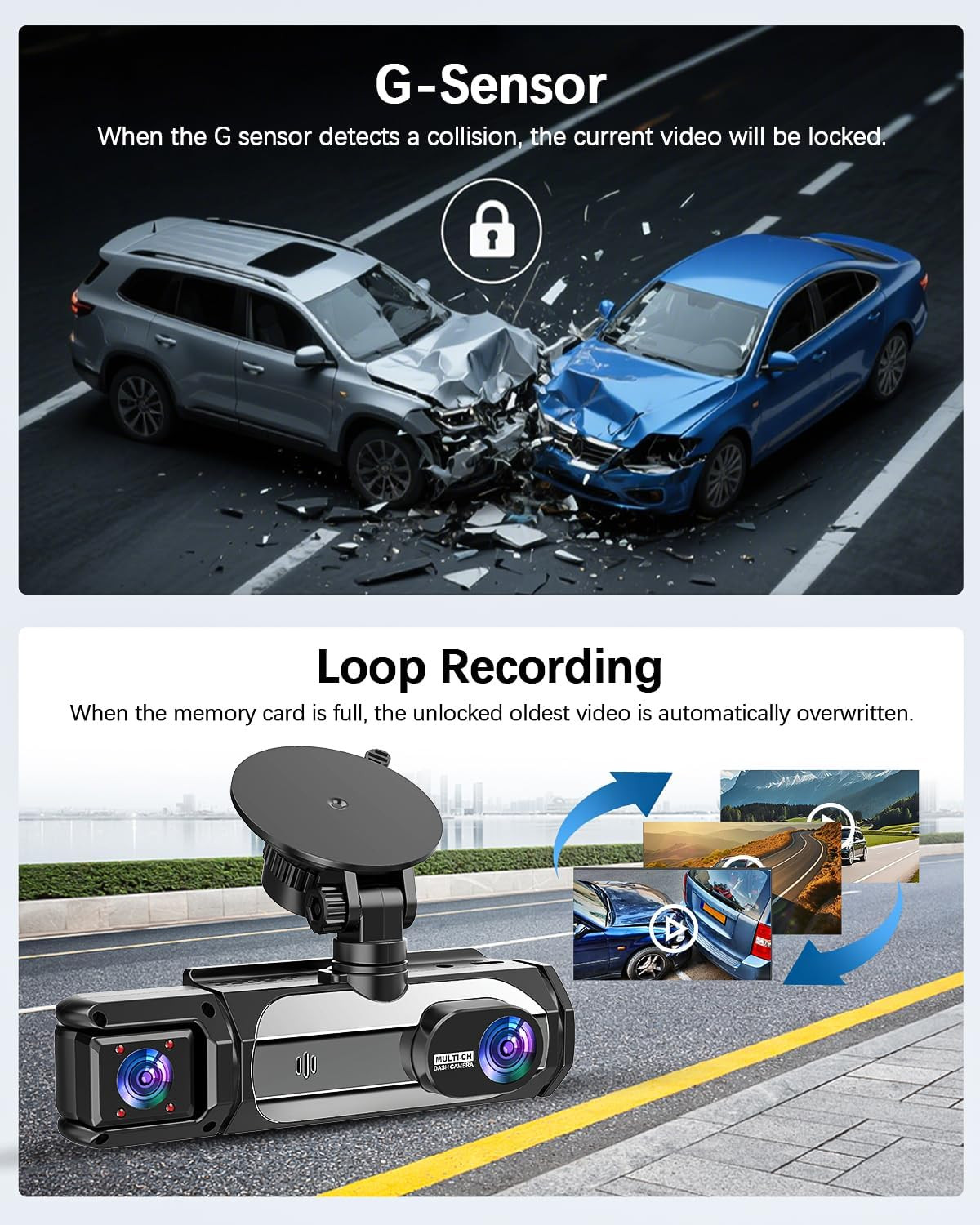 Dash Cam Front and Rear, 1080P Dash Camera for Cars, 3 Channel Car Camera Front