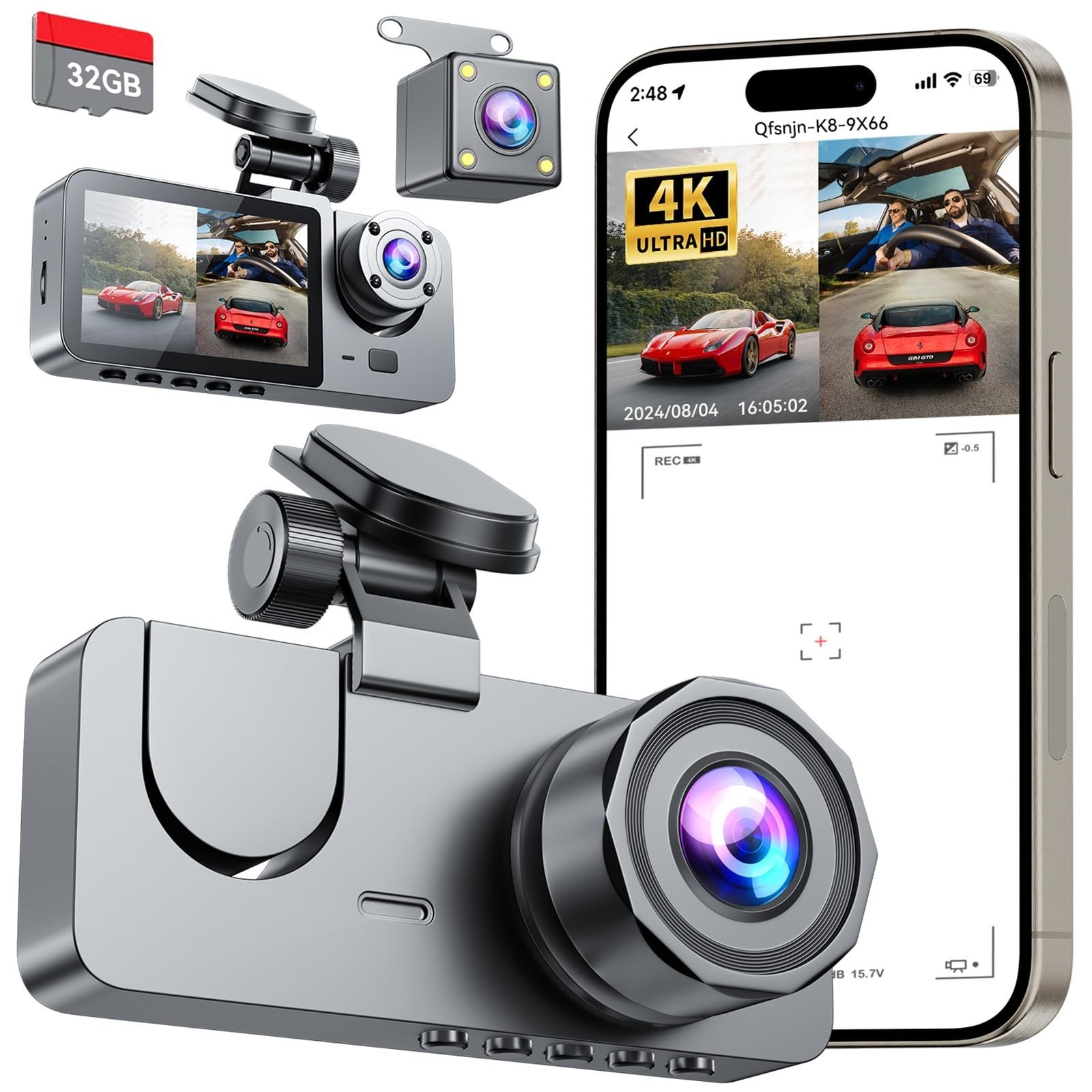 4K Full UHD 3 Channel Dash Camera | Front/Rear/Inside… NEW FACTORY SEALED