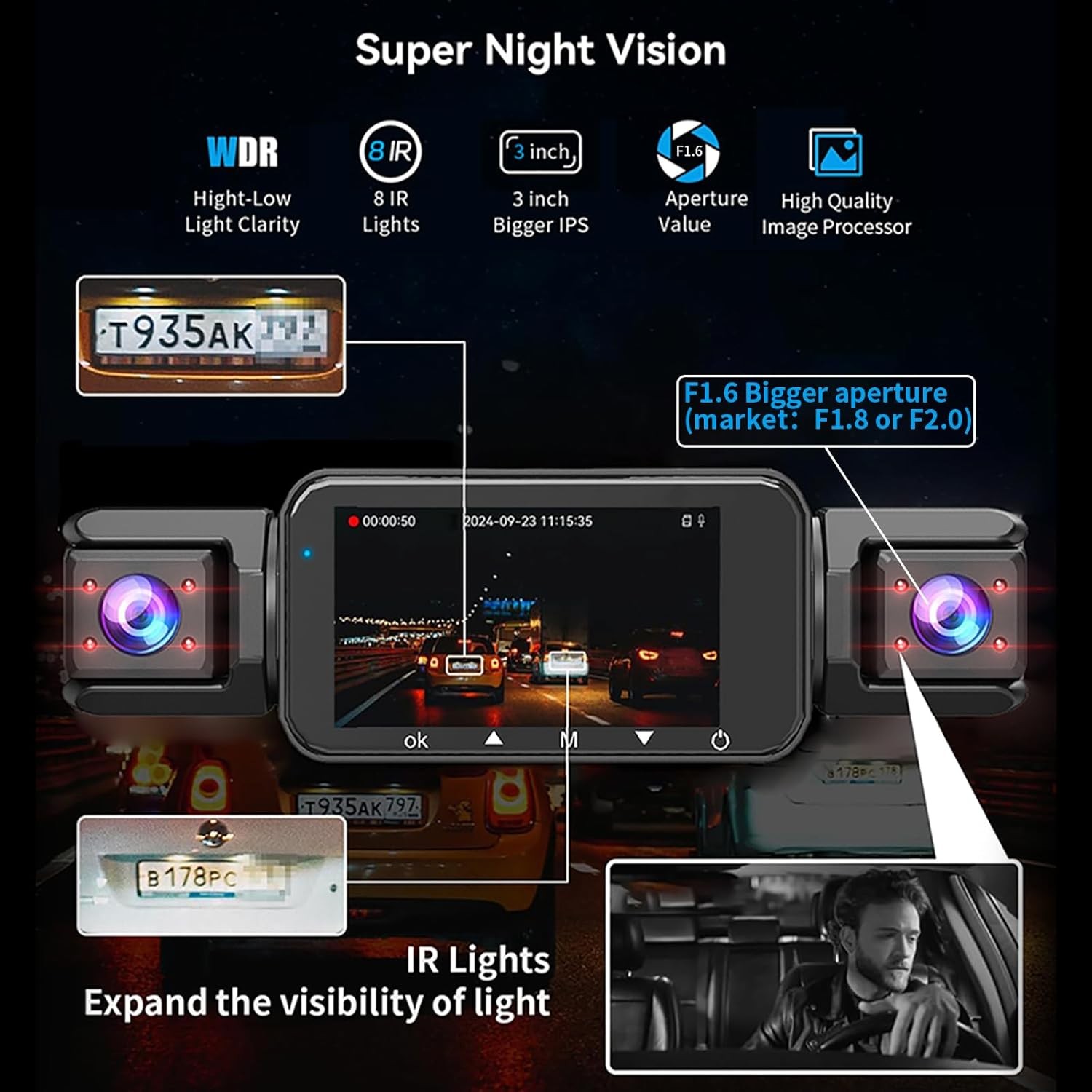 1080P 4 Channel Dash Cam Front and Rear Cabin, 360 Dash Camera Front+Rear Camera
