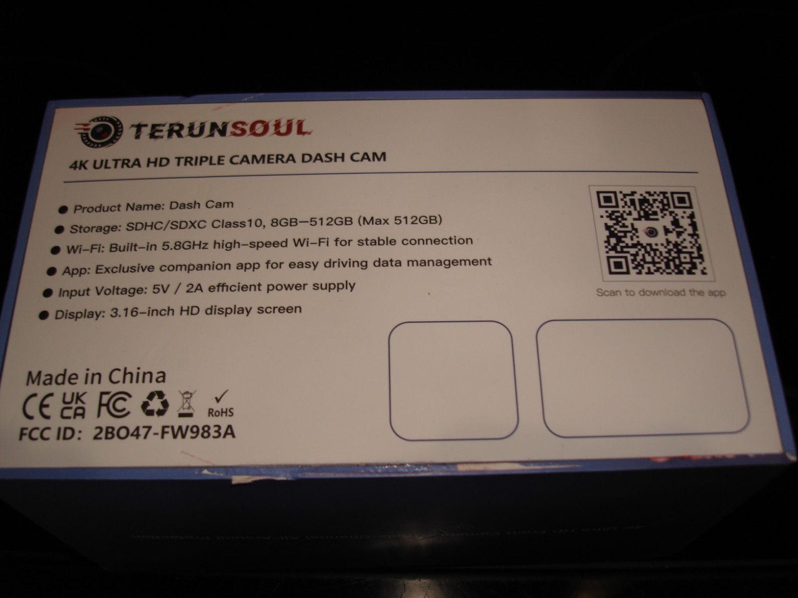 Terunsoul FW983A, 4K Ultra HD Dash Cam Front/Rear Built-in GPS WiFi W/128GB