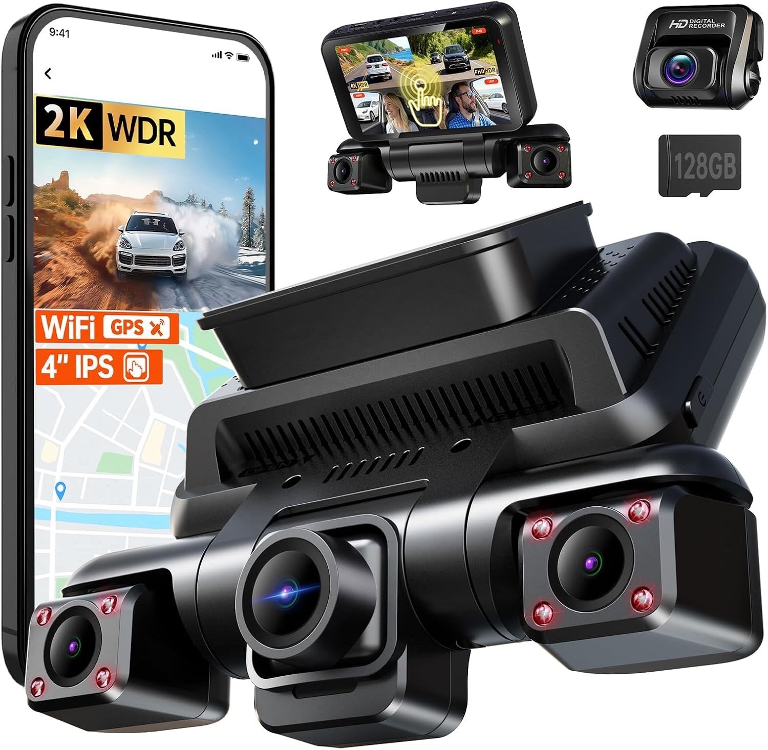 4″ Touch Screen Dash Cam, 4 Channel, 360° View with Free 128G SD Card!