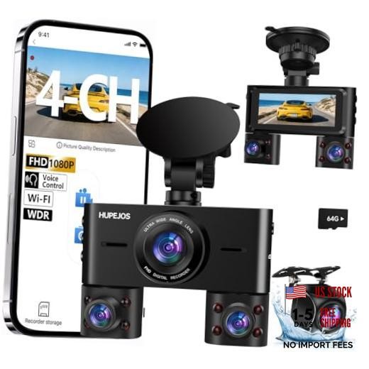 360° View Dash Cam Front and Rear Inside, 4 Channel Camera for Cars | 3.16” V7