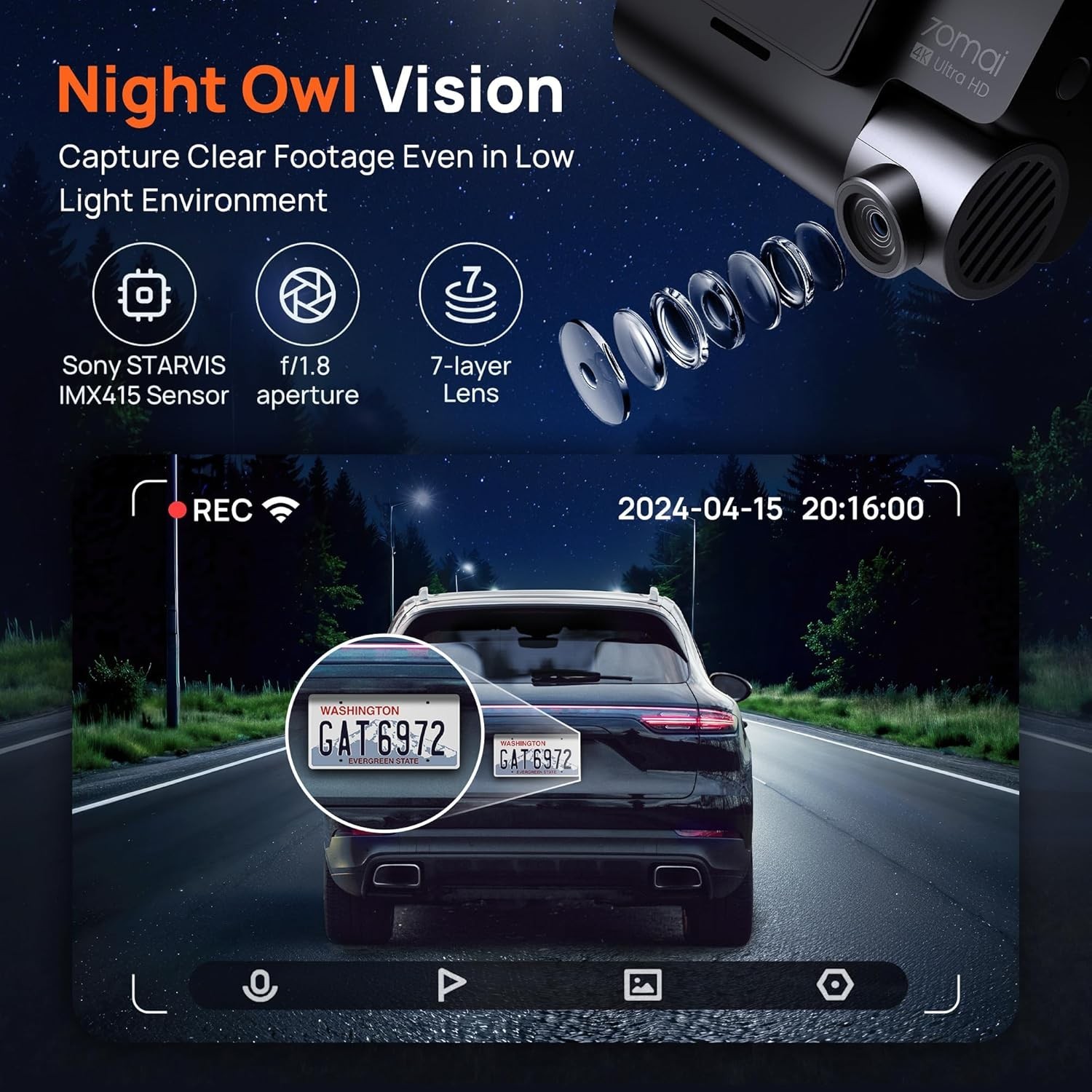 Dual 4K Dash Cam A800S with Super Night Vision & Loop Recording Functionality