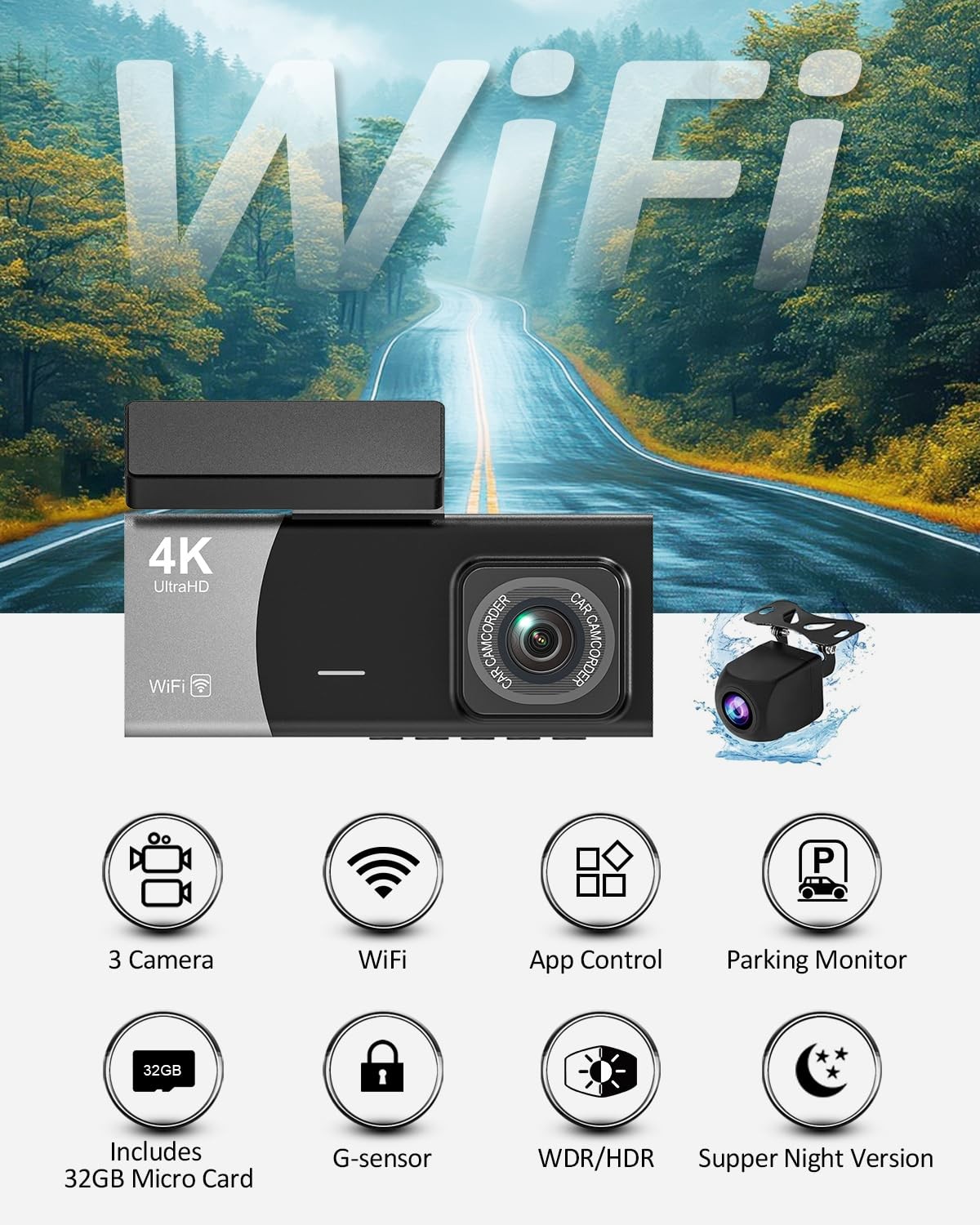 3 Channel 4K WiFi Dash Cam, 4K+1080P+1080P Front Inside and Rear, Triple Dash…