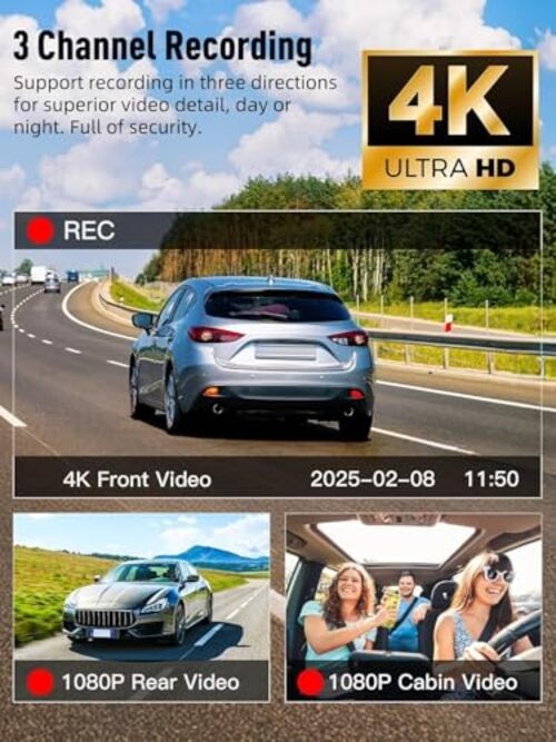 3 Channel 5G WiFi Dash Cam, 4K+1080P+1080P Dash Cam Front and Rear with Silver