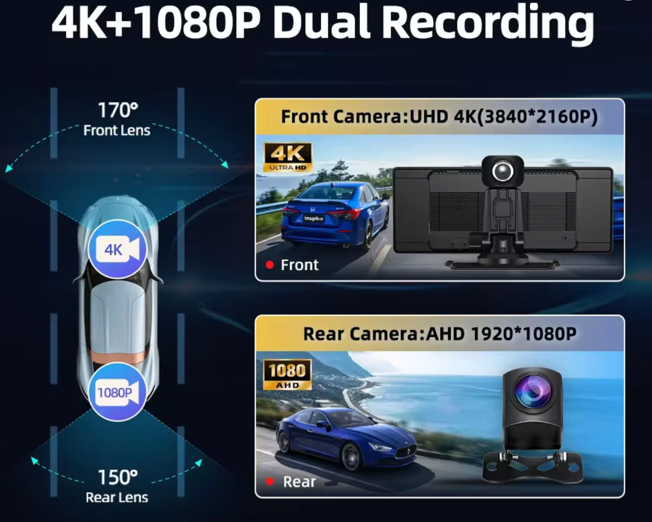 4K Dash Cam ADAS Wireless CarPlay Android Auto Car DVR Camera