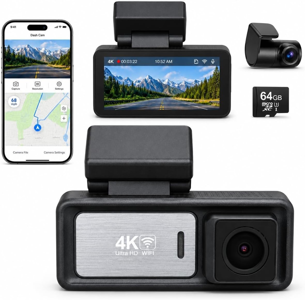 4K Dual Dash Cam Front and Rear — UHD 2160P & 1080P Car Camera with WiFi, 60F…