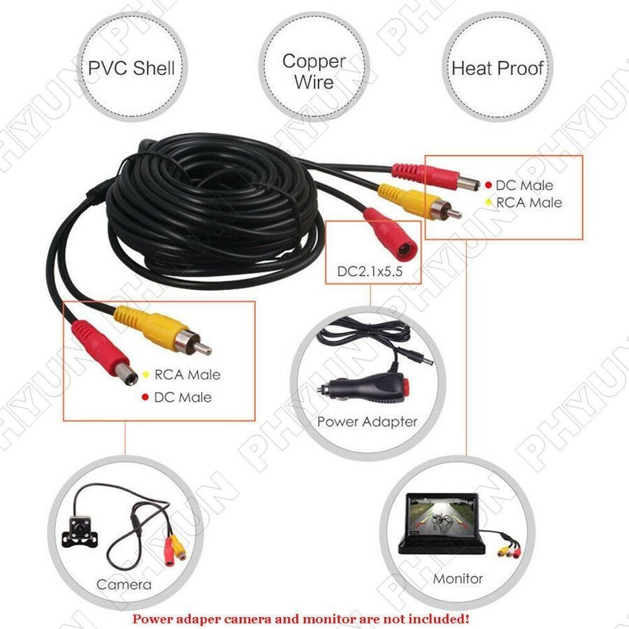 7M Car RCA Power Audio Video AV Cable Extension Wire For Auto Reversing Camera