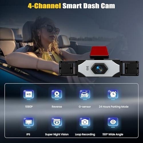 4 Channel 360° Dash Cam Front and Rear Inside Left Right,3.16″ 1080P 4 Way