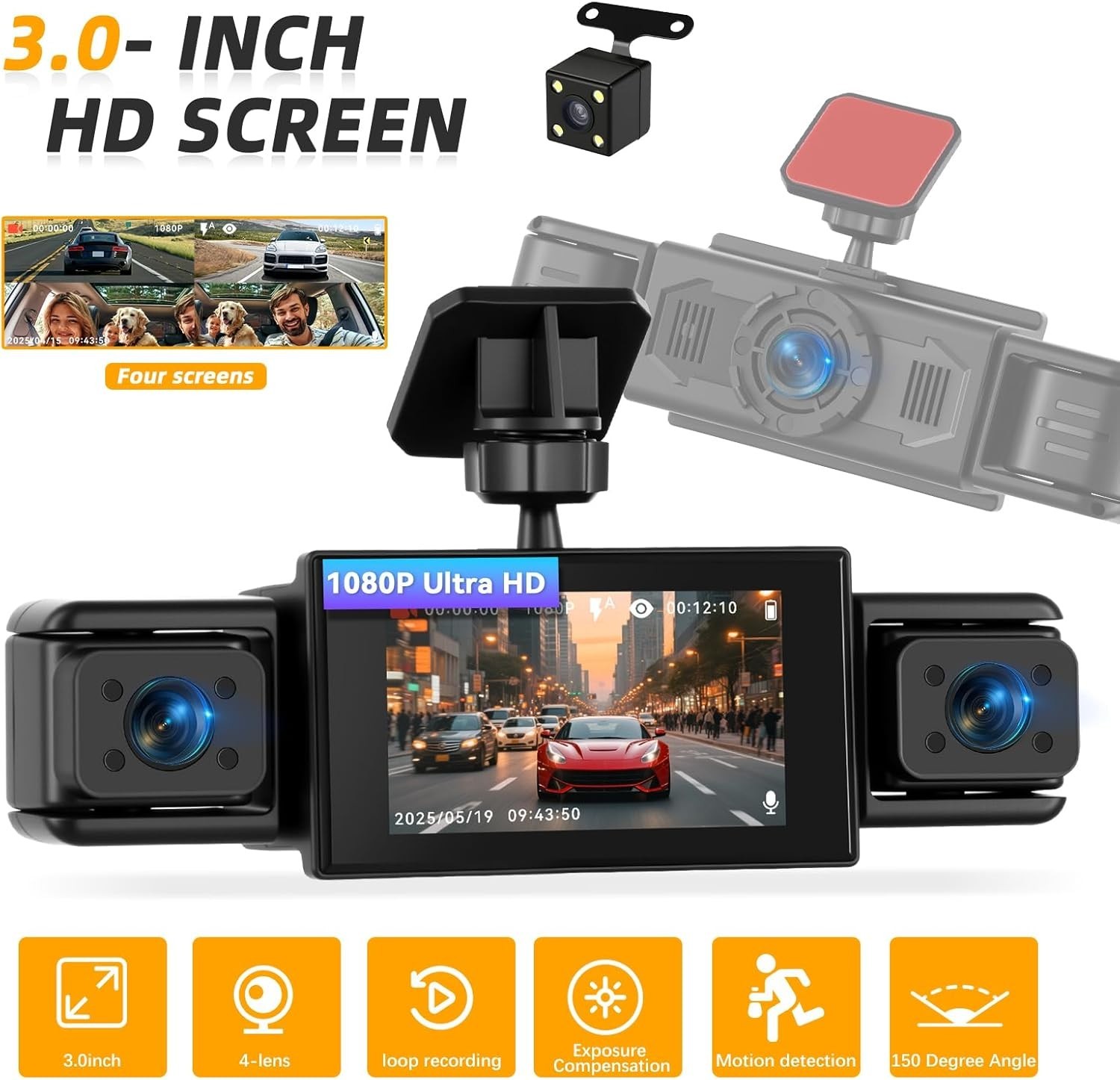 Dash Cam 3 Inch 1080P 4 Channel Dash Camera for Cars with Driving Loop Record…