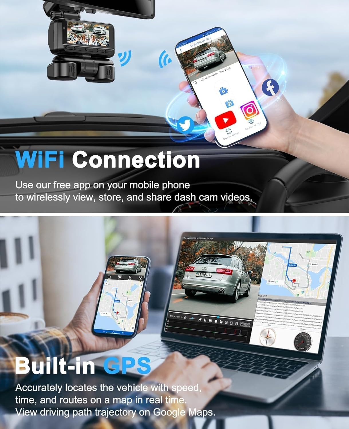 Dash Cam 4K 360° Front Rear DashCam 128G Wi-Fi GPS 3.18” IPS WDR Night Vision
