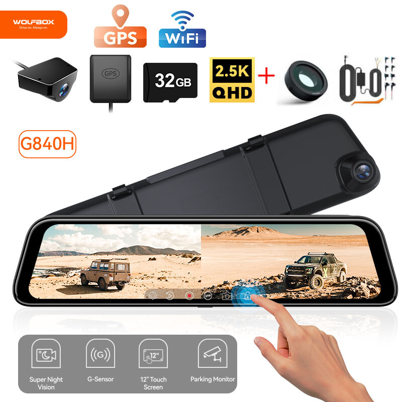 WOLFBOX 12” Mirror Dash Cam with WiFi, Hardwire Kit, Polarizing Lens & SD Card
