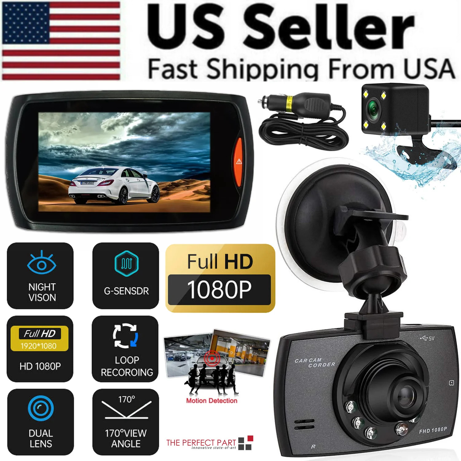 2.7″ 1080P Full HD Dash Cam Front Rear Car DVR Night Vision G-Sensor Camera
