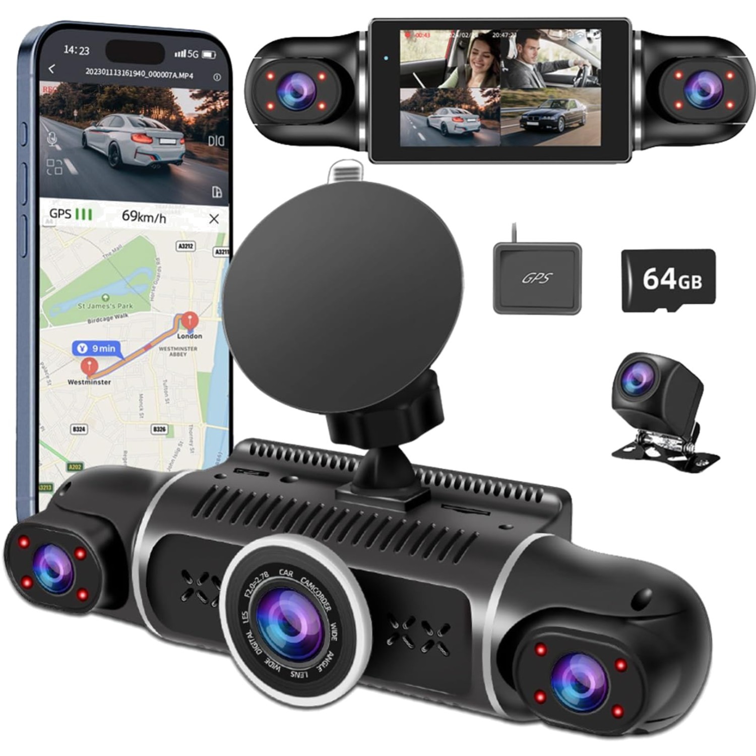 360° Dash Cam Front and Rear View 4 Channel Dash Camera FHD 2K+1080Px3 for Ca…