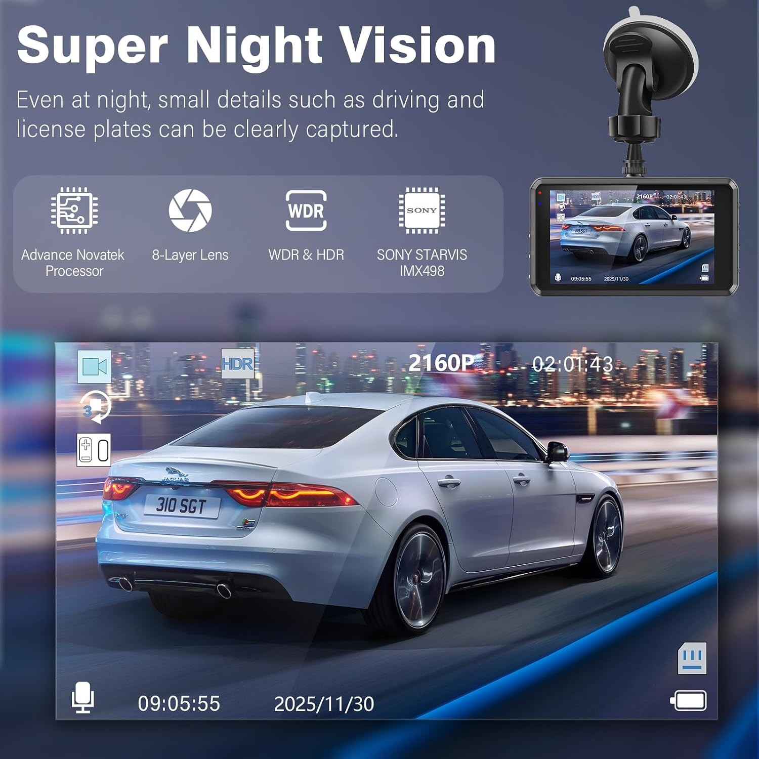 Dash Cam 2K Dual Camera Front and Rear Night Vision Parking Monitor