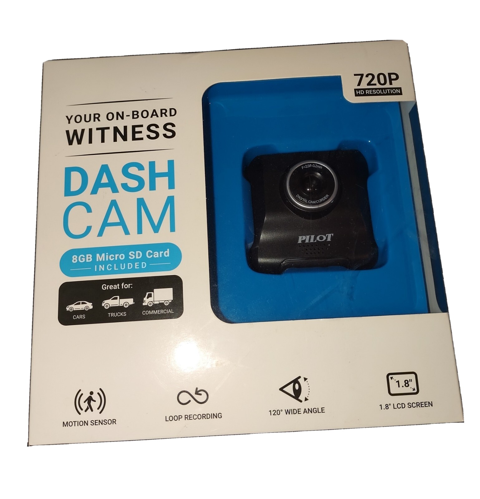 Pilot Dash Cam 720p 1.8″ LCD HD 120 Degree Wide Angle Car Camera w/ 8GB SD Card