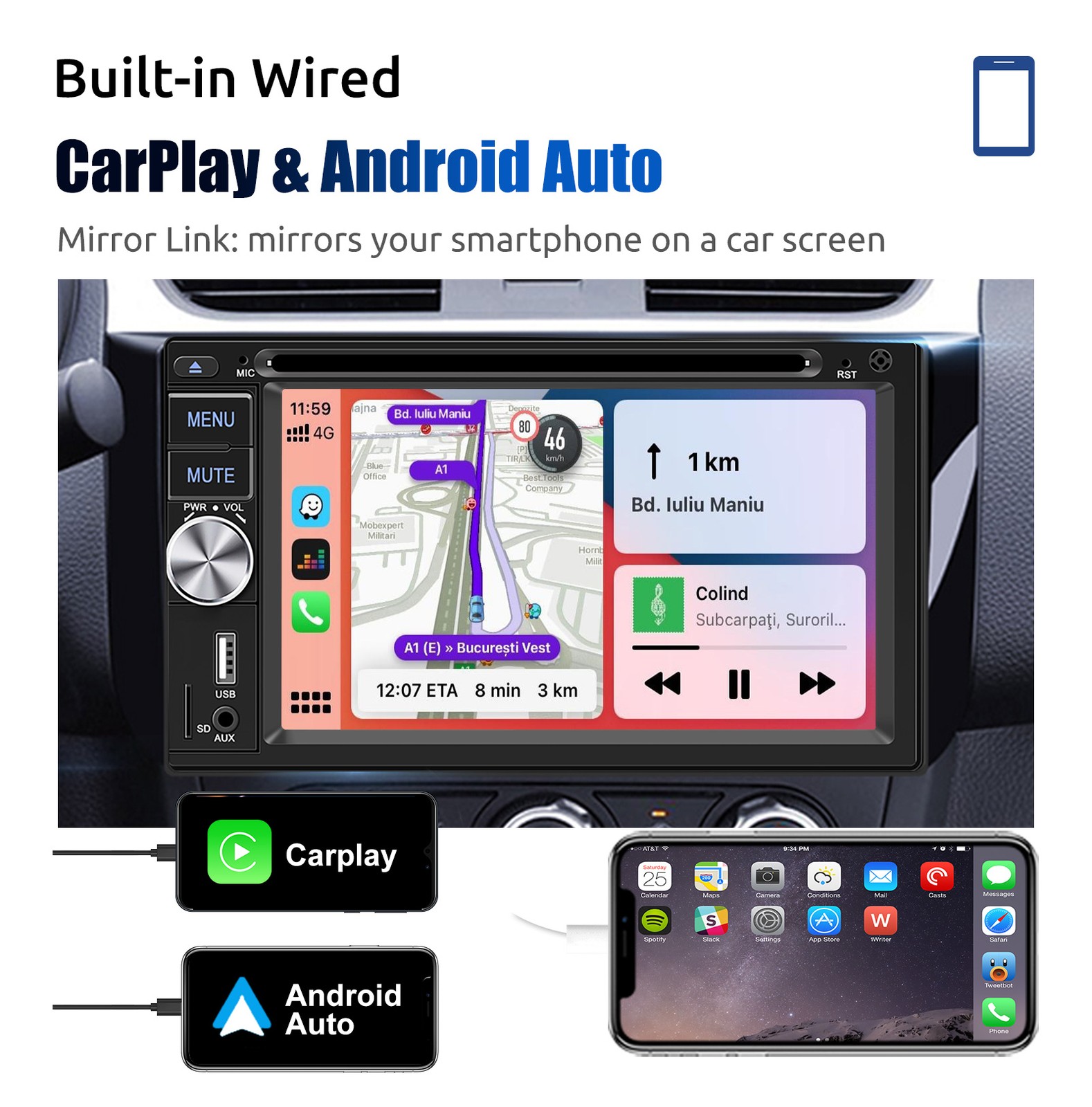 6.2″ 2DIN Car Stereo Apple Carplay Android Auto DVD Bluetooth Radio FM/AM/RDS/TF
