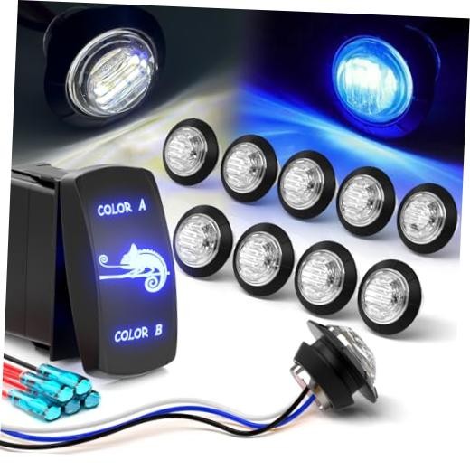 10pcs 3/4 Inch Dual-Color LED Marker Lights with 7-Pin Rocker Clear White-Blue