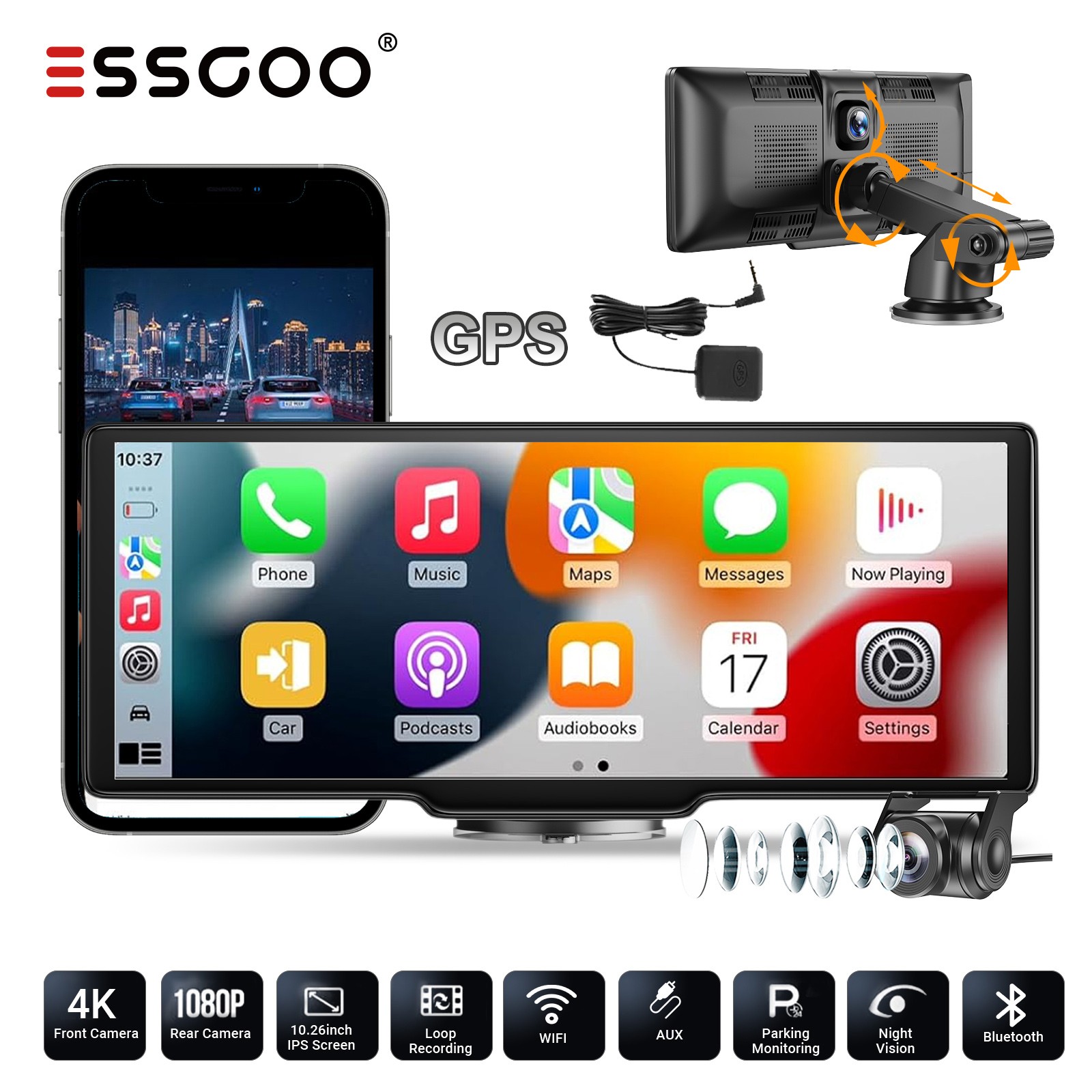 ESSGOO 10″ 4K GPS Touch Screen Dash Cam CarPlay Wireless DVR WIFI Voice Control