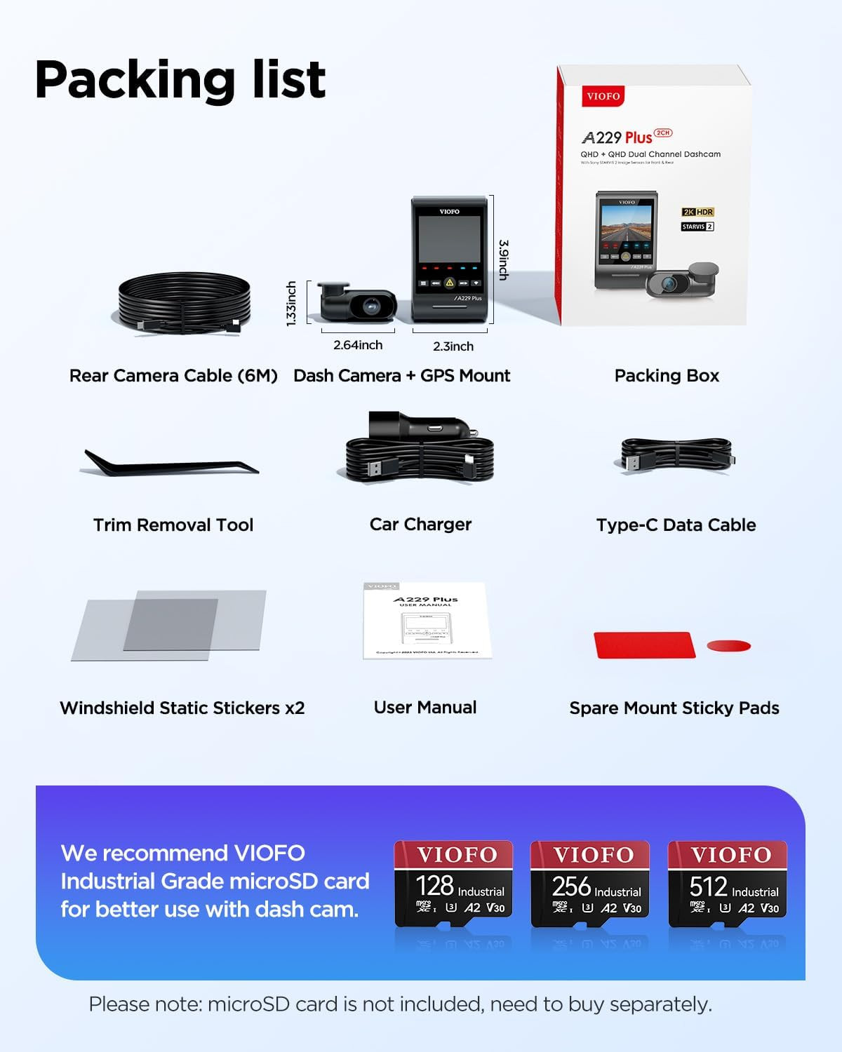 A229 plus Dash Cam Front and Rear, Dual STARVIS 2 Sensors, 2 Channel HDR, 1440P+