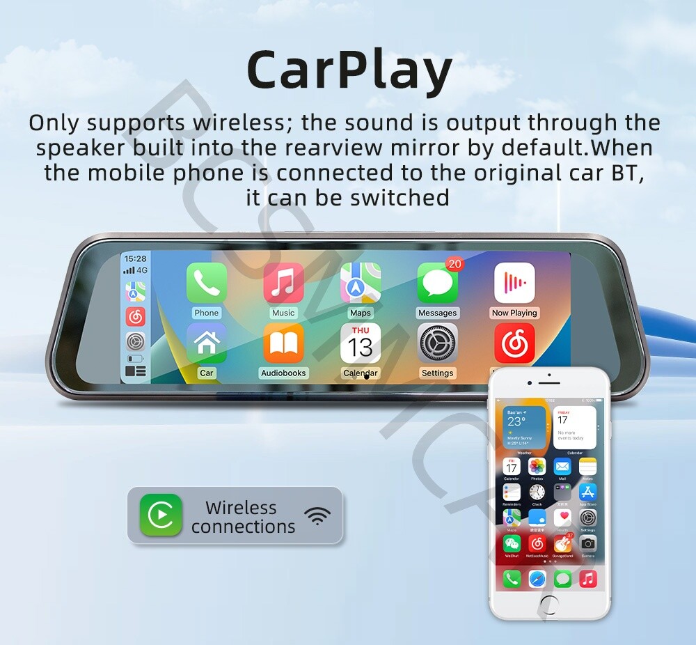 For Apple CarPlay Car Rearview Mirror DVR Driving Recorder 9.36in AUX/BT/FM/TF
