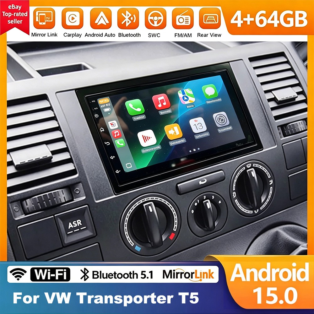 7” 4+64G For VW Transporter T5 2004-10 Apple CarPlay Android15 head unit Radio