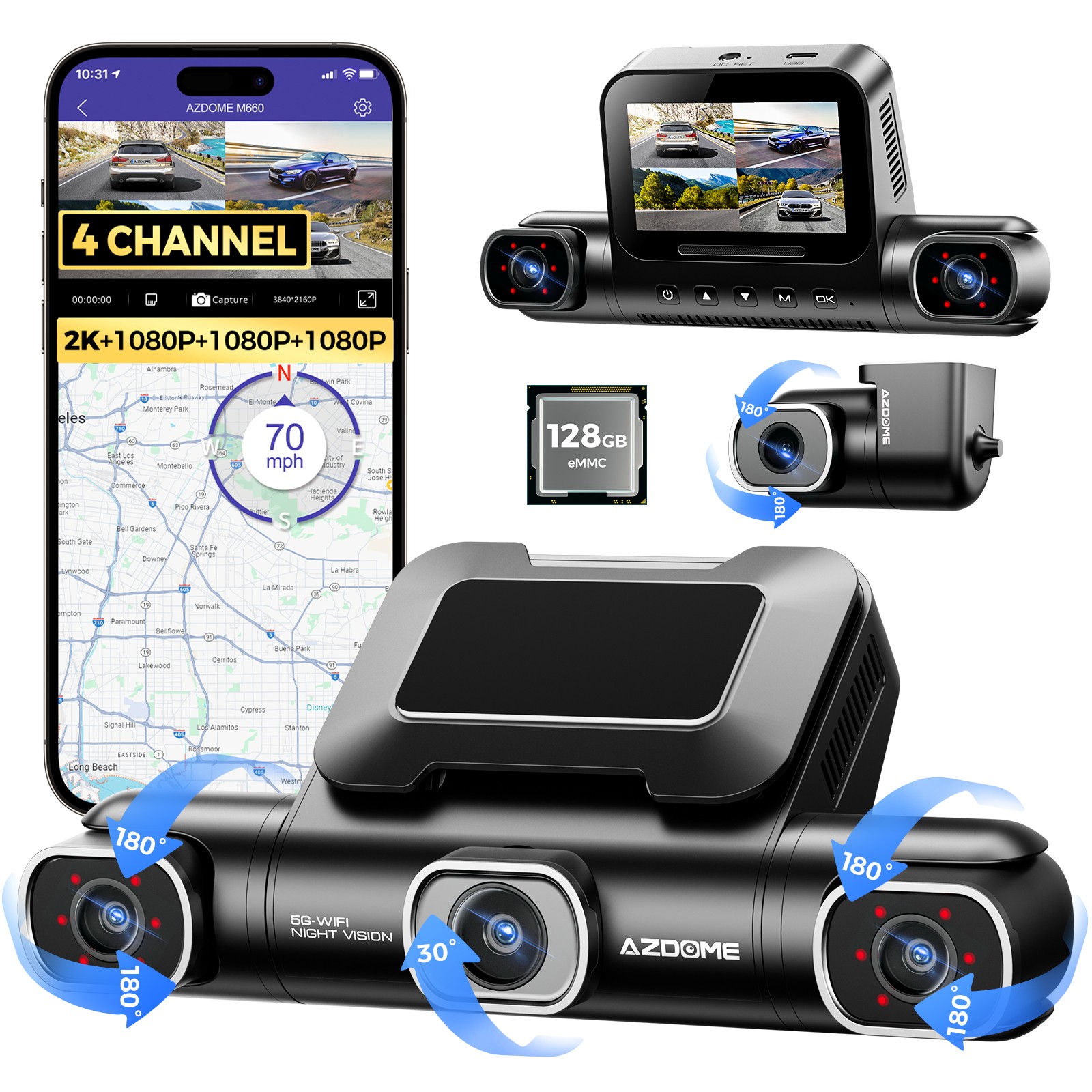 AZDOME 360° 4CH Dash Cam 5GHz Wi-Fi GPS 4K Car Recorder Dash Camera w/128GB eMMC