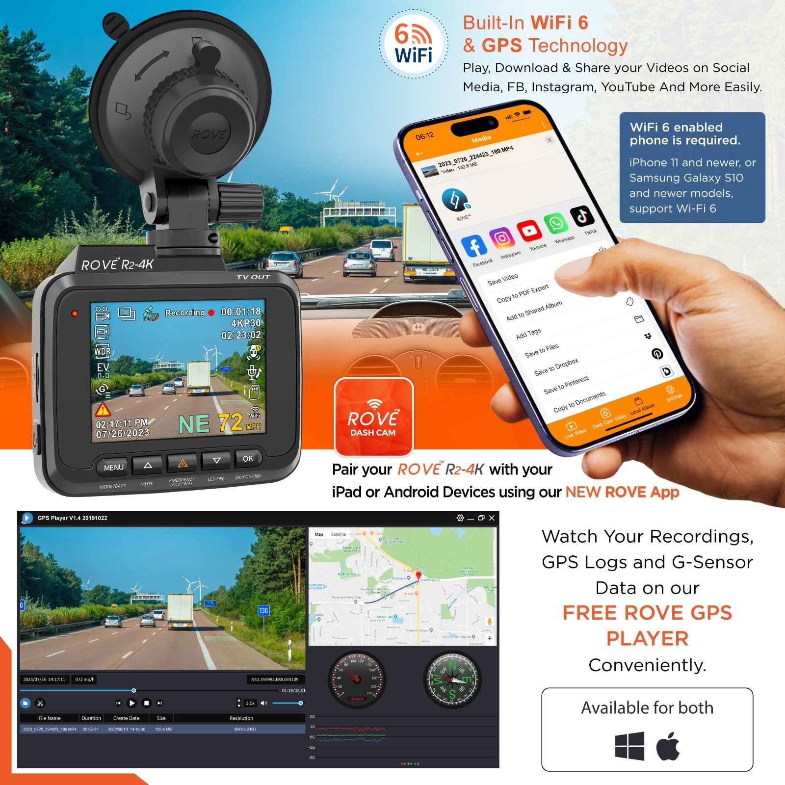 ROVE R2-4K Car Dash Cam Built-in WiFi & GPS [Open Box] with Free Hardwire Kit