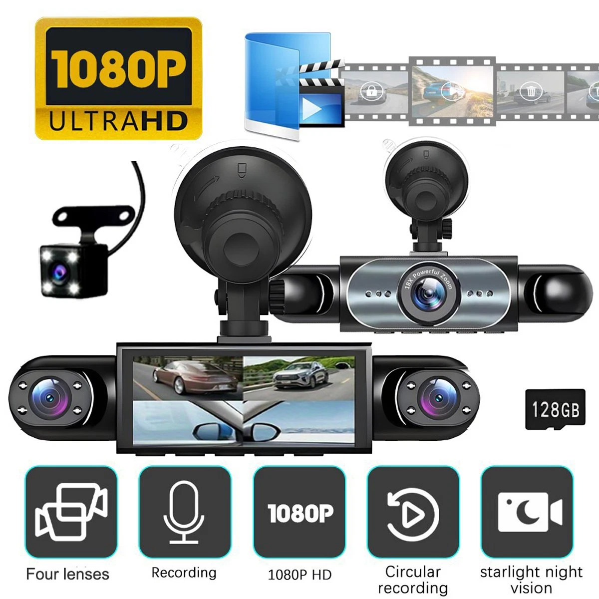 360° 4 Channel 1080P HD Car Dash Cam Front and Rear Inside Left Right + Camera