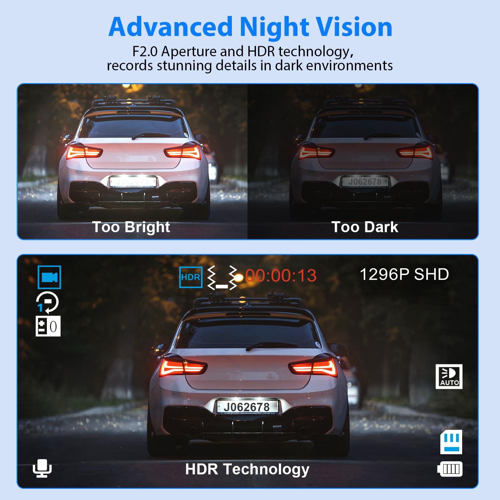 Dash Cam Front and Rear 1296P Dash Camera for Cars 3 Channel Car Camera Front