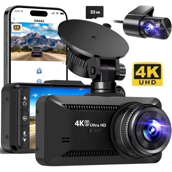 4K Dash Cam Front & Rear WiFi APP Control Night Vision 32GB SD Card Included