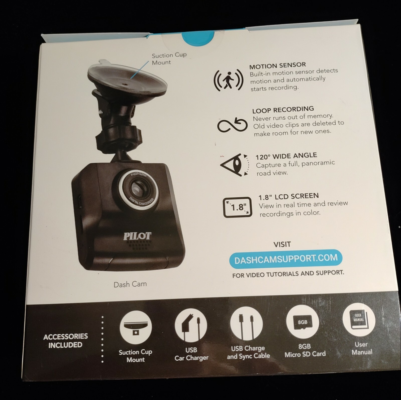 Pilot Dash Cam 720p 1.8″ LCD HD 120 Degree Wide Angle Car Camera w/ 8GB SD Card