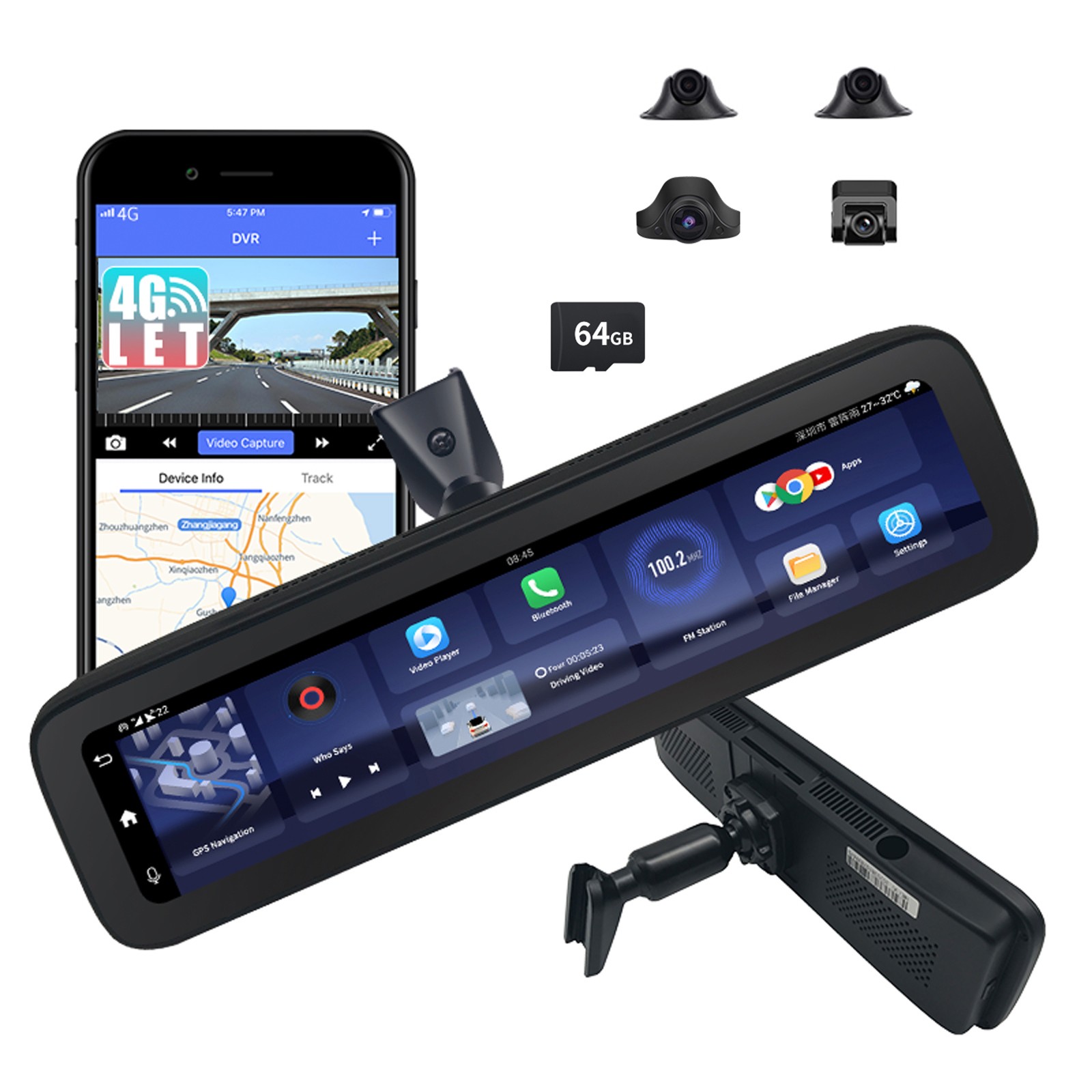 4 Channel RearView Mirror Dash Camera 4G LTE Remote View With Wifi Android 10