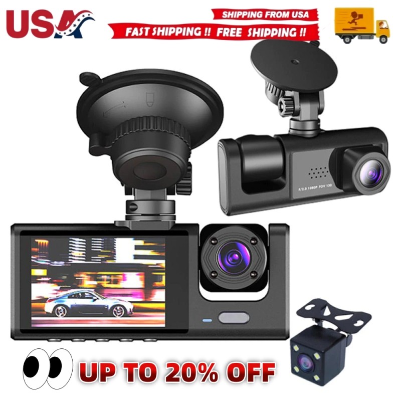 Car Dual Lens Dash Cam HD 1080P Front/Rear/Inside Video Recorder Camera G-Sensor