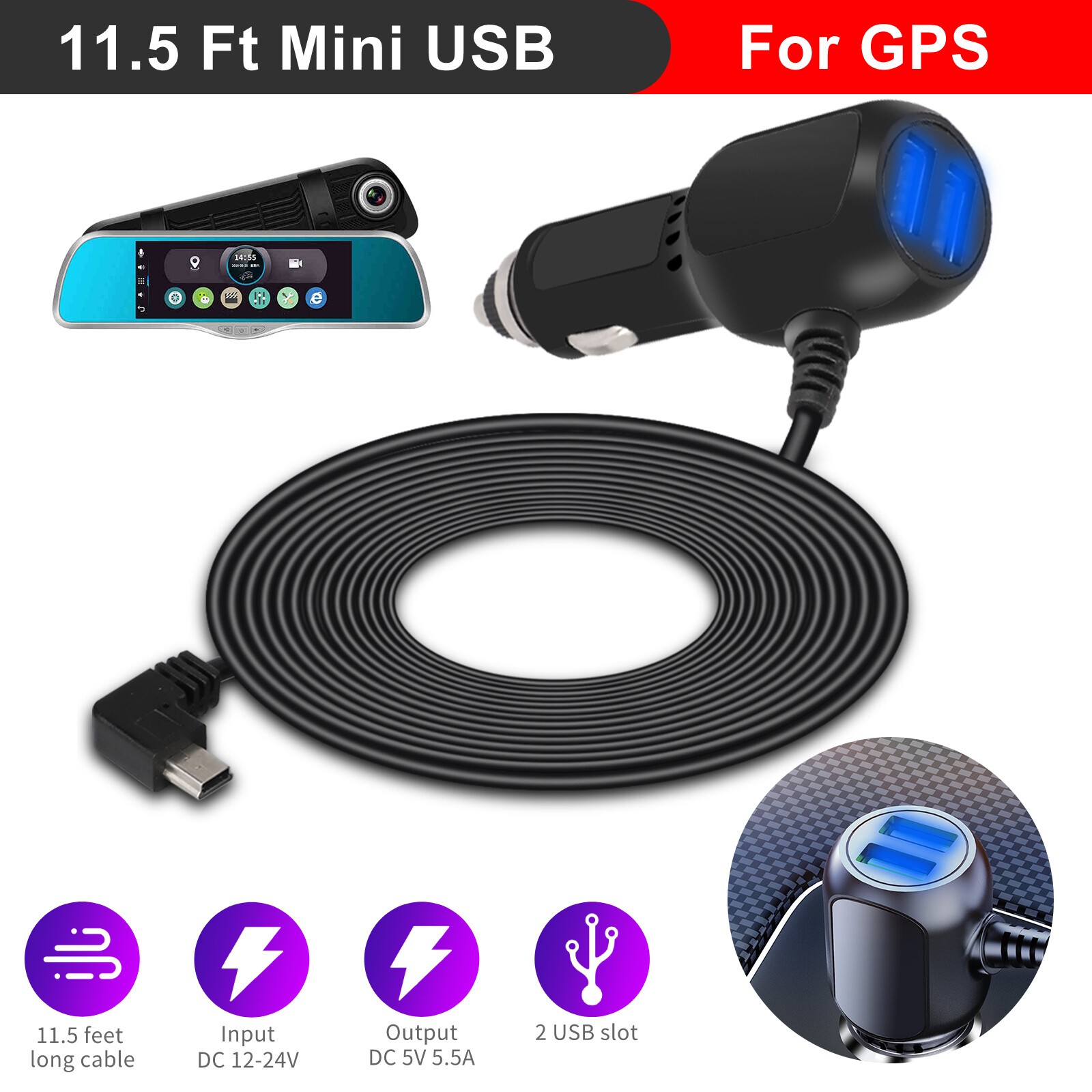 3.5M Dash Cam Car Charger Mini USB Cable Power Cord Supply for DVR Camera GPS
