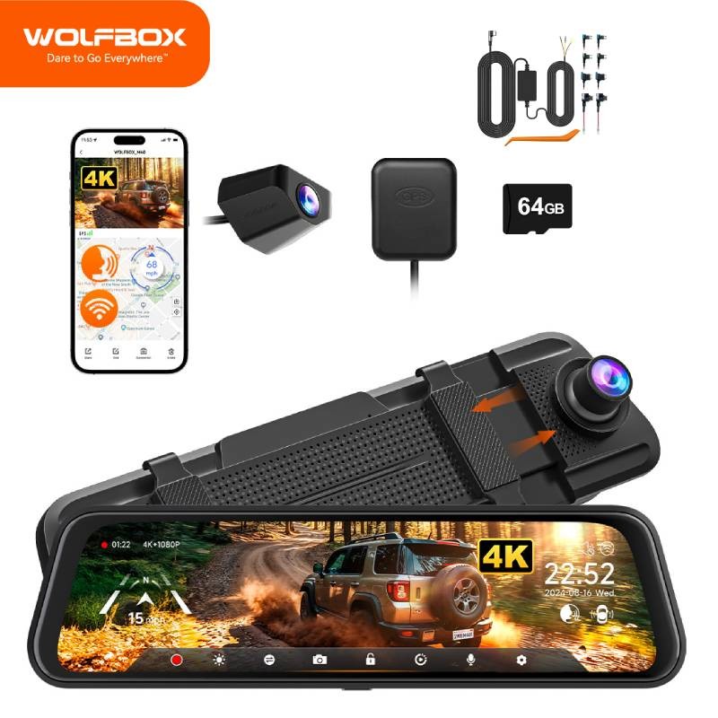 WolfBox M40 4K 10″ Mirror Dash Cam With WIFI, ADAS, Hardwire Kit, Voice control