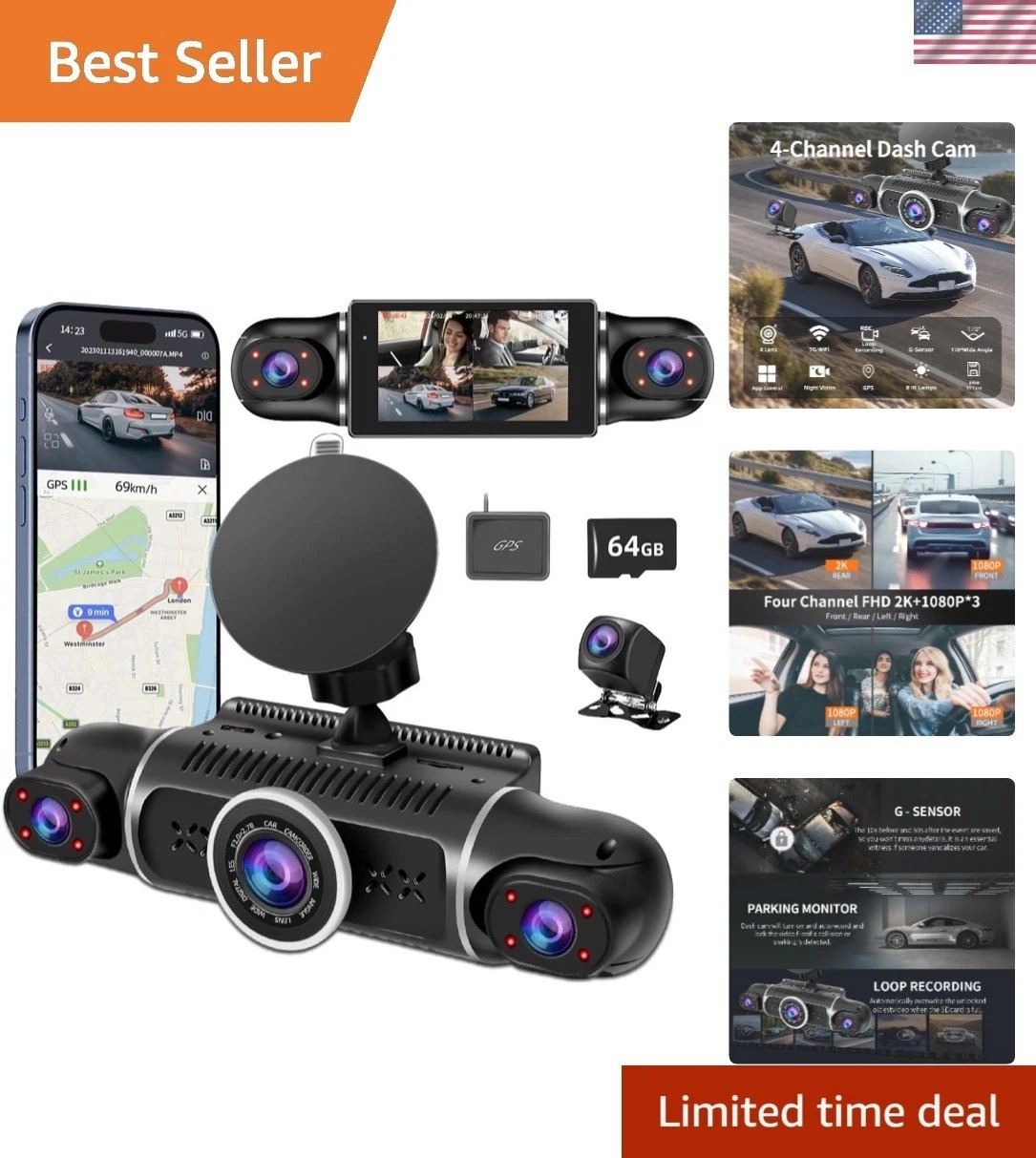 360° Dash Cam Front and Rear View 4 Channel Dash Camera FHD 2K+1080Px3 for Ca…