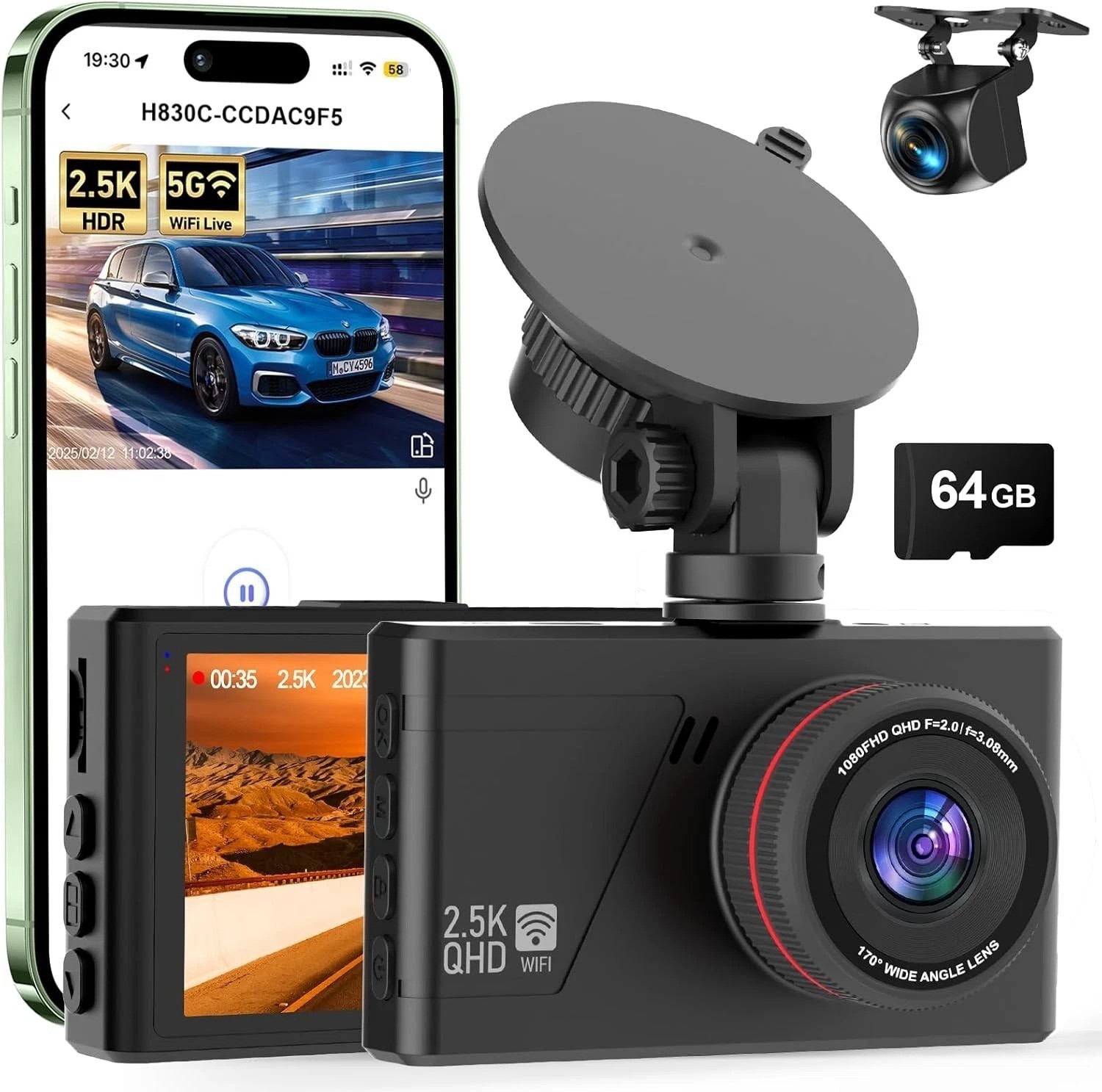 Dash Camera for Cars, 2.5K Dual Dash Cam Front and Rear W/ 64GB Card,3″IPS Sc…
