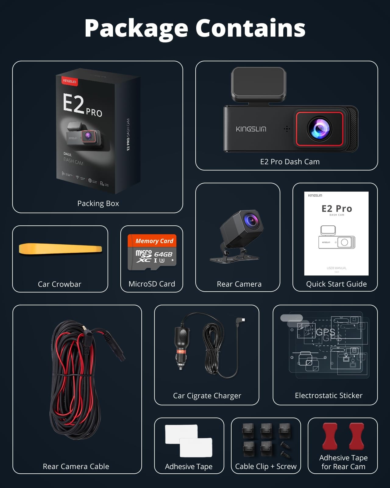 2K Dash Cam Front Rear 64GB SD Card Wireless WiFi 1,5 Screen Mini Tool