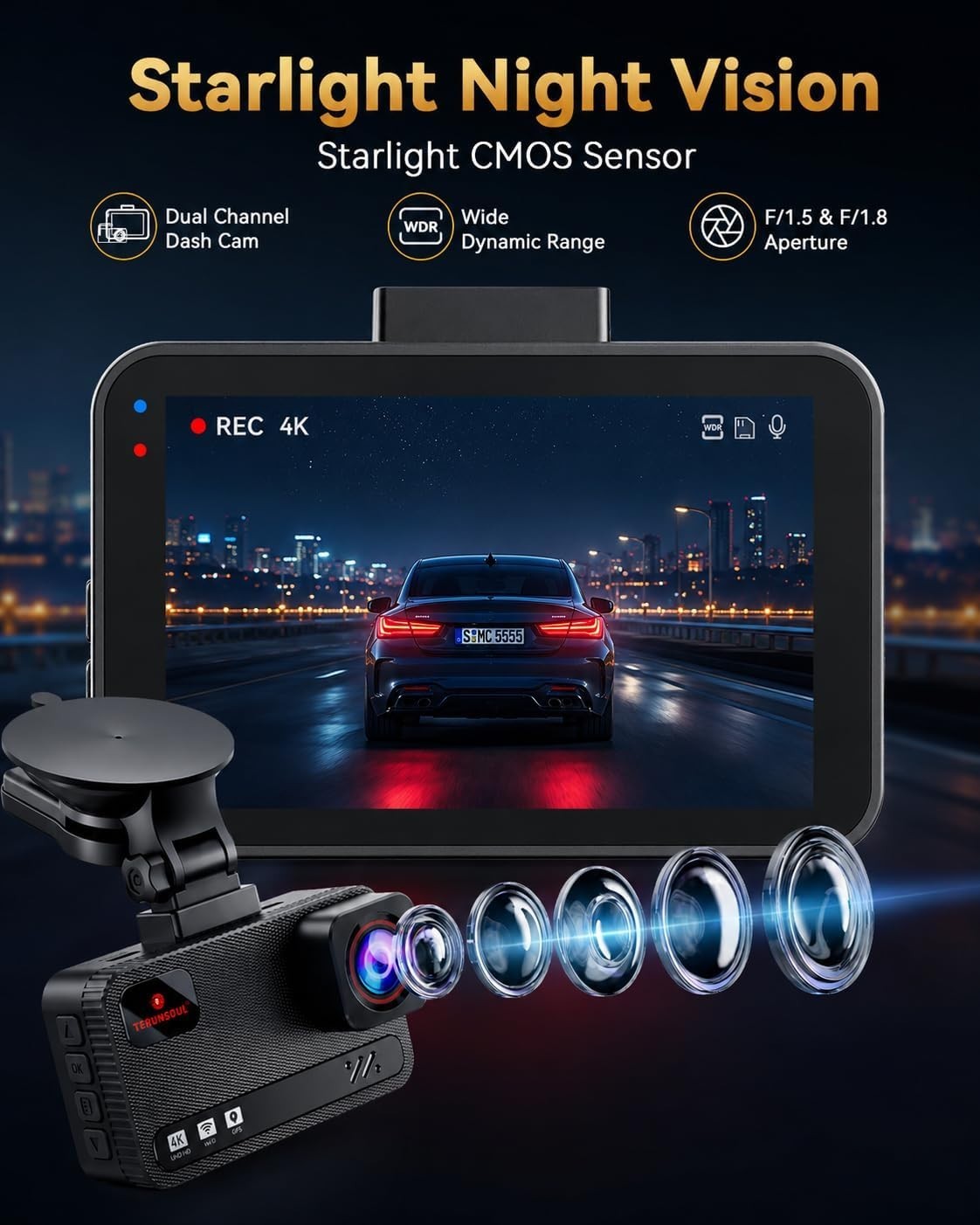 Terunsoul Dash 4K Cam Front and Rear 128GB Card Included, 5.8 GHz WiFi Dash D016