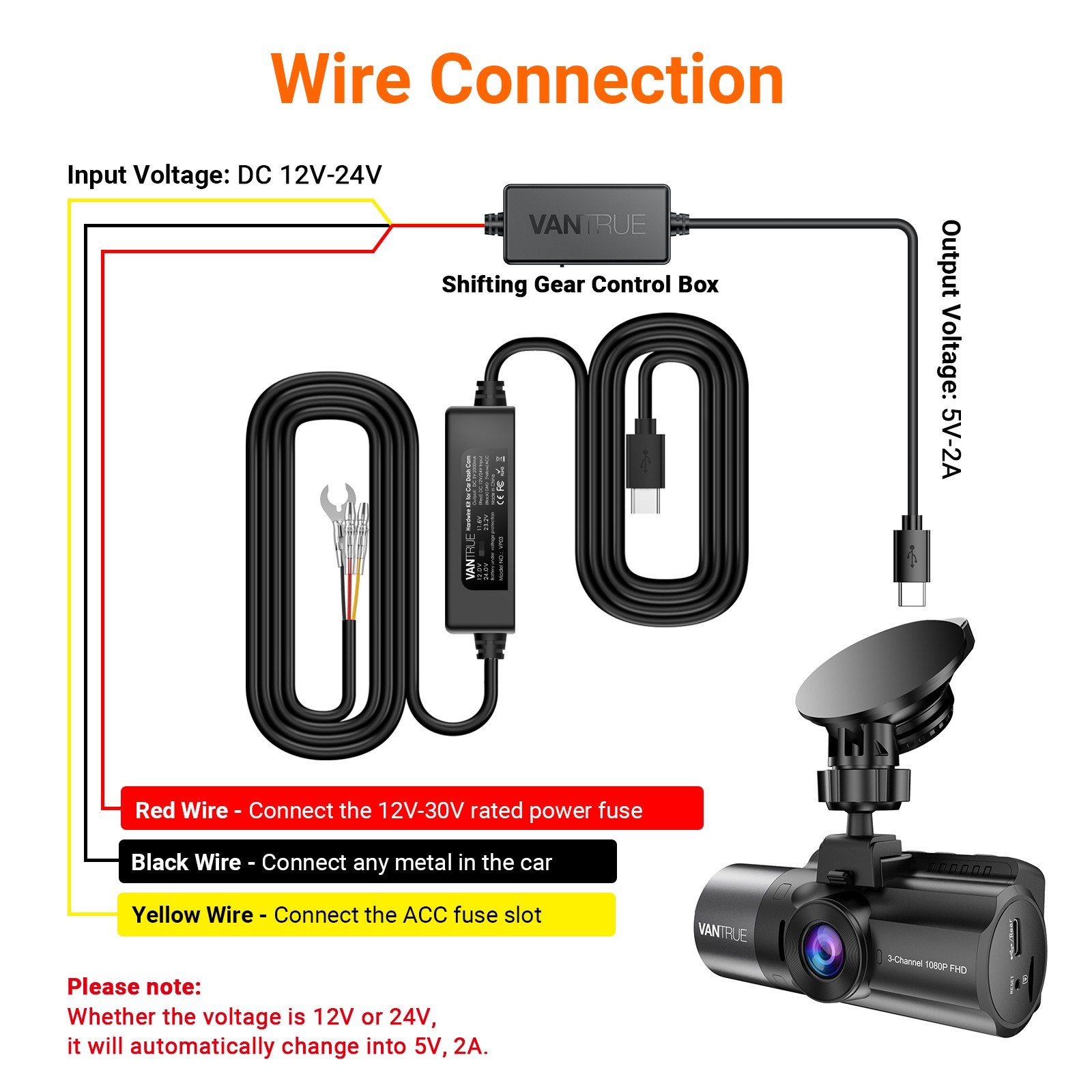 Vantrue USB-C Hardwire Kit 11.5ft 12V–24V to 5V ACC Low Voltage Protection Dash