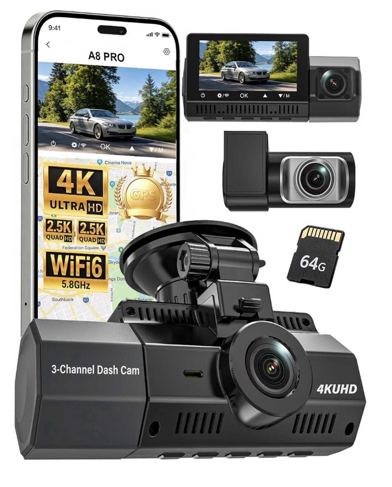 4K UHD 3-Channel Dash Cam Front Rear Inside Camera GPS WiFi 6 Night Vision 64GB