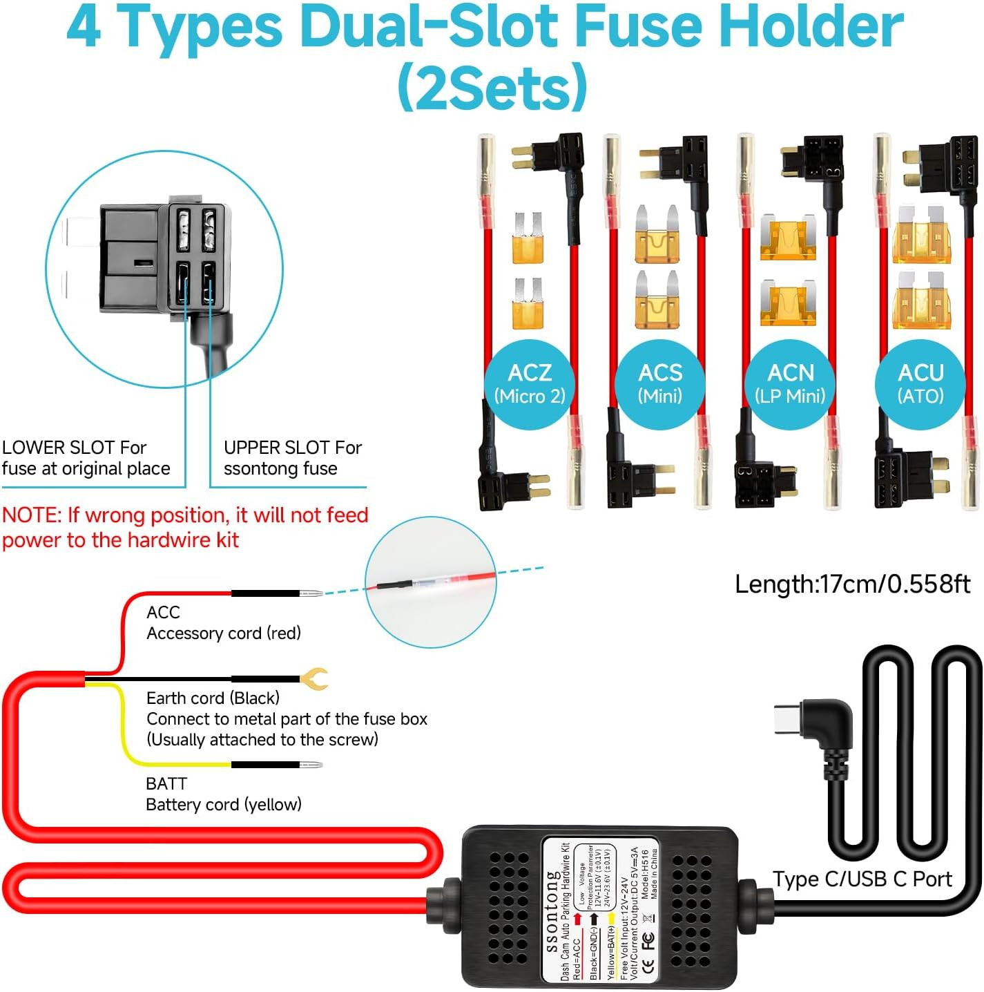 Dash Cam Hardwire Kit, Acc Hardwire Kit for Dash Camera Type C 3-Lead Hard Wire