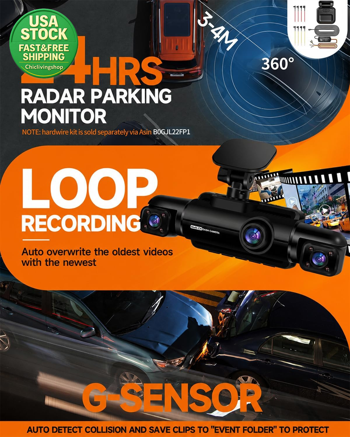 4 Channel 360 Dash Cam 4K Front Rear inside Car Camera 128GB Card GPS Wifi