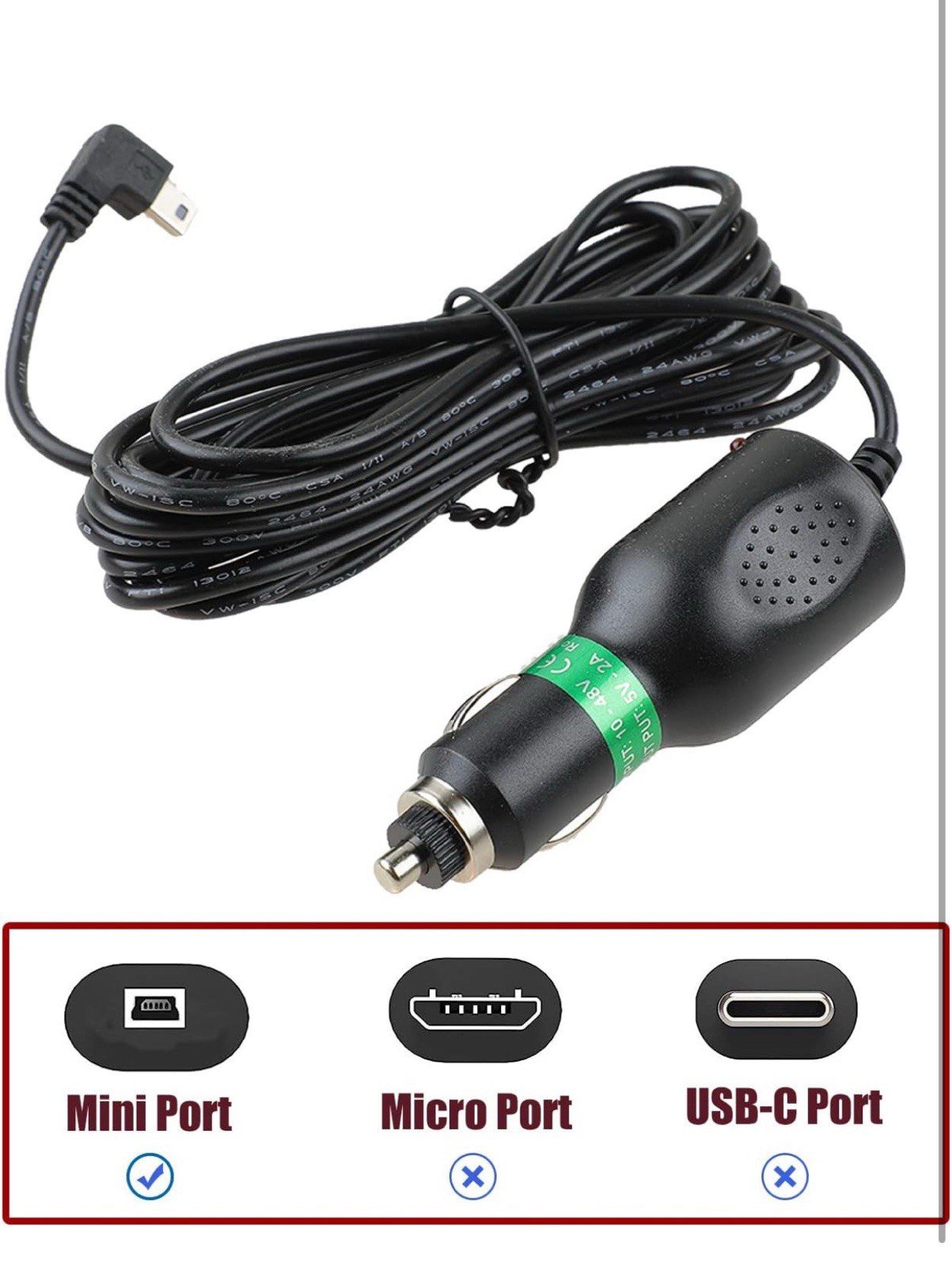 Dash Cam Charger Cable, GPS Navigator Charger, Mini USB Right Port, 12V