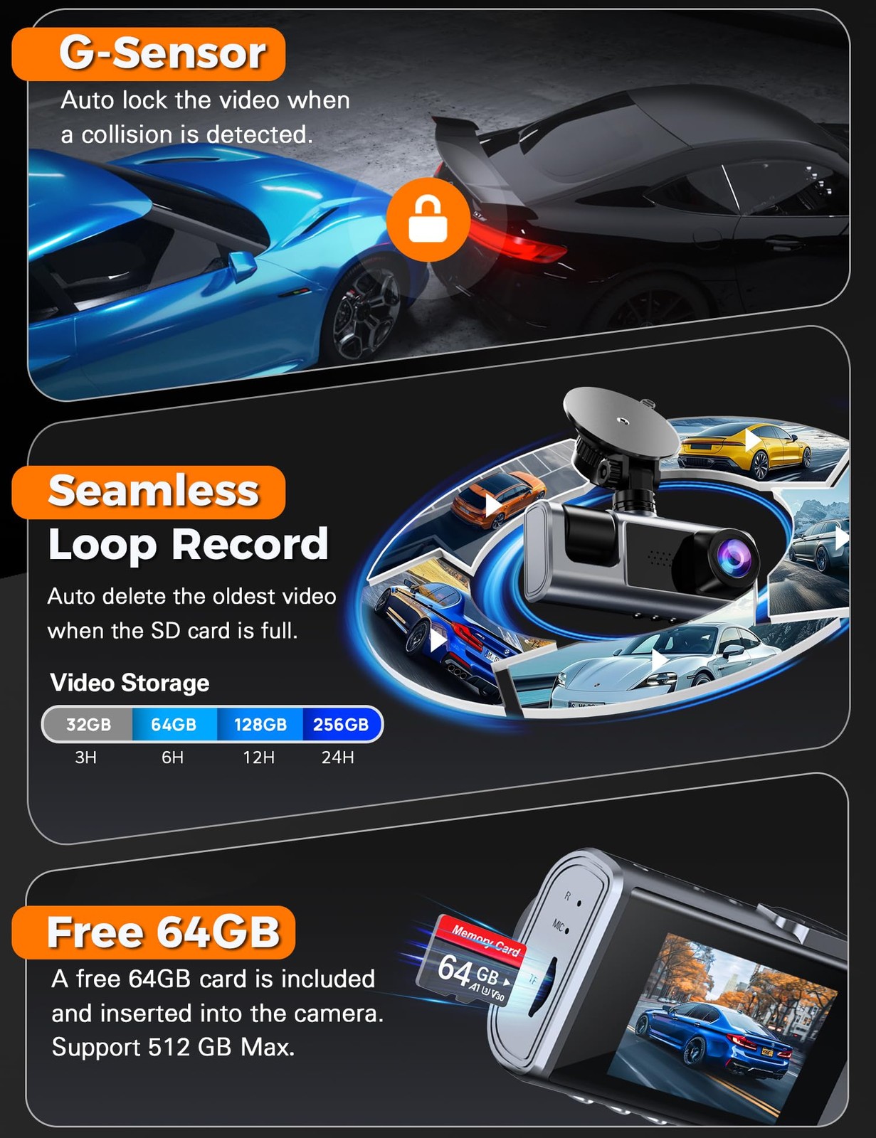 3 Channel WiFi Dash Cam Front Rear Inside 64GB SD Card 2,5K 1080P G-Sensor