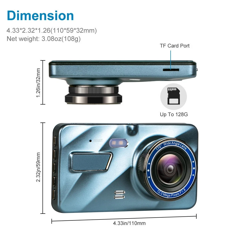 HD 1080P Car Dual Lens Dash Cam 4″ DVR Recorder Front & Rear Camera Night Vision