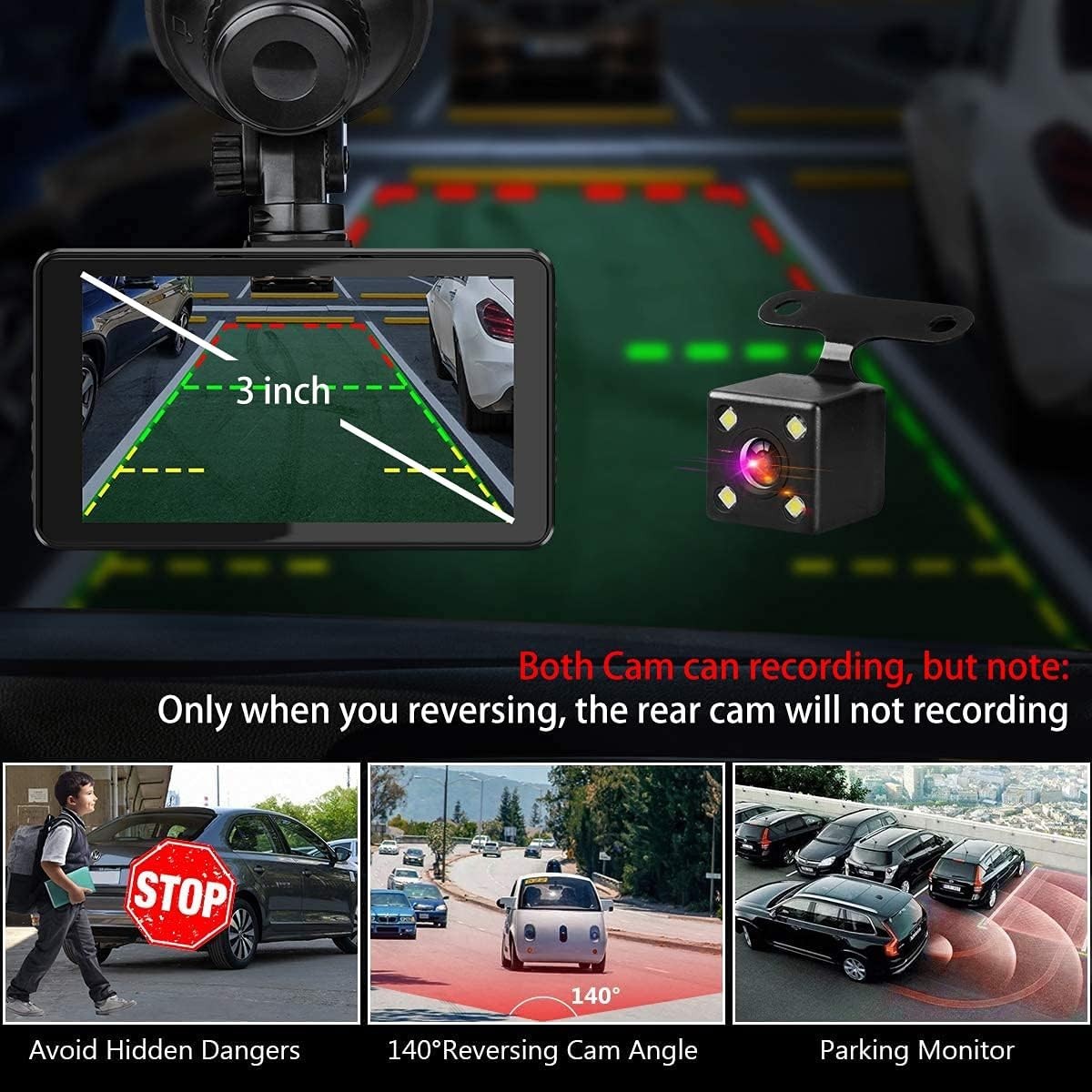 Dash Cam Front Rear 1080P Night Vision G-Sensor Loop Recording 32G Card