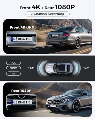 JZONES 4K+1080P FHD DASH CAM FRONT AND REAR, DUAL DASH CAMERA FOR CARS – BLACK